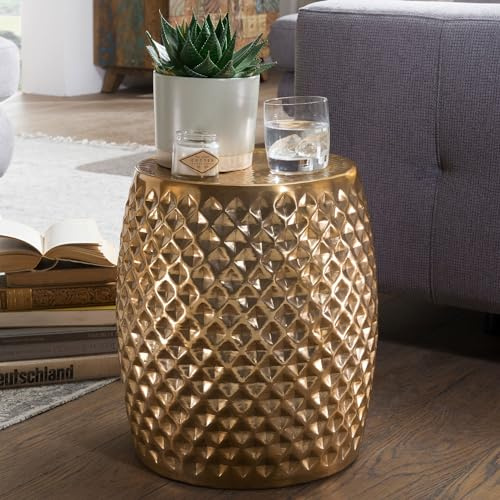 FineBuy Beistelltisch Rund 32x32x42 cm Metall Gold, Dekotisch klein | orientalischer Ablagetisch in Hammerschlag-Optik, handgefertigtes Unikat, als Blumenhocker und Nachttisch nutzbar