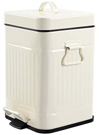 Bathroom Bin, Small White Pedal Bin with Soft Close Lid, Retro Vintage Style Square Trash Bin Can for Bedroom, Living Room, Office, Cream White, 5L / 1.3 Gallon