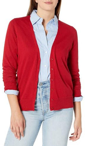 Amazon Essentials Cardigan léger à col en V (grande taille disponible) Femme, Rouge, 3XL Grande Taille