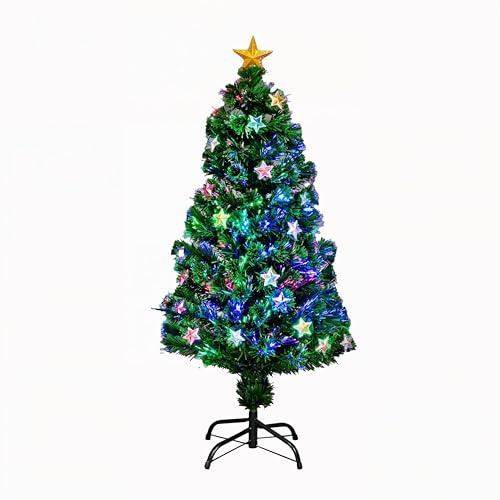 6Ft/180cm Fibre Optic Christmas Tree with Star Topper - Stars Decorations - Pre-Lit Green Artificial Xmas Tree - Multicolor Changing Lights