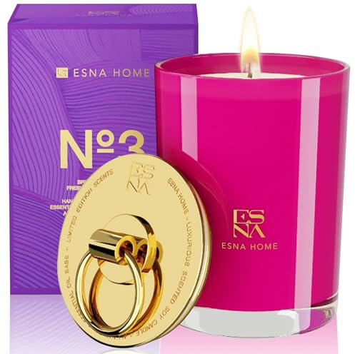 ESNA HOME 8.8oz Scented Soy Candle, Crafted With Hand-Poured Natural Soy Wax With Concentrated Fresh Cut Roses & Berries Fragrance With An 18K Gold Coated Metal Lid And 50 Hour Burn Time