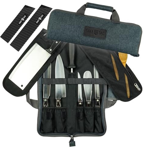 Chef Knife Roll Bag Travel Case | 8 Pockets for Knives & Tools | 2 Flaps with Cleaver & Mesh Pocket | Honing Rod Slot | Chef Knife Case for Professional & Students | Knives Not Included (Denim Grey)