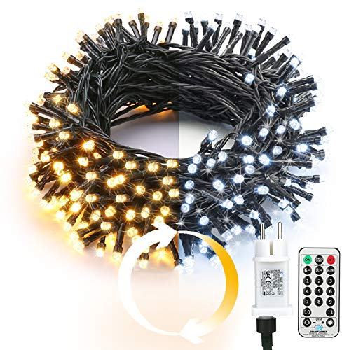 BrizLabs Weihnachtsbeleuchtung Außen 25M 200 LED Warmweiß und Weiß Dimmbar Außenlichterkette 11 Modi 3 Timer Strombetriebene Beleuchtung mit Fernbedienung für Baum Innen Hochzeit Party Garten Deko