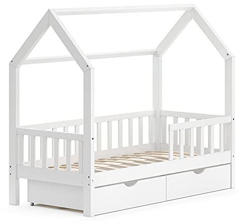 VitaliSpa Hausbett Wiki, Bett aus Holz, Weiß, 80x160 cm mit 2 Schubladen