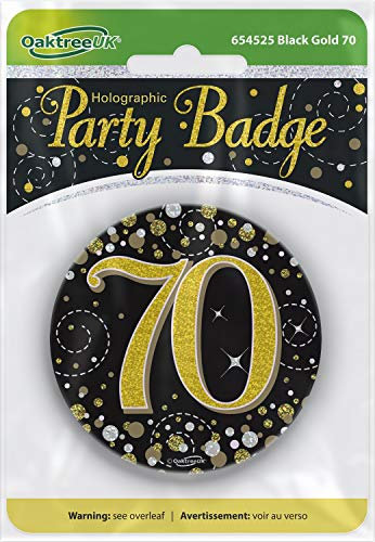 OakTree 7,6 cm großes Anstecker zum 70. Geburtstag, funkelnd, Schwarz/Gold, holografisch