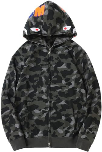 PADOLA Herren Kapuzenpullover Baumwolle Shark Hoodie Camouflage Fleecejacke Haikopf Pullover Übergangsjacke Y2K Zip Up Sweatshirt Winter Warm Christmas Weihnachten Geschenke (1580 Schwarz, S)
