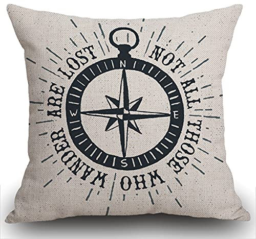 45x45cm Cushion Cover Not All Those Who Wander Are Lost Inspirational Travel Quote Decoration with Nautical Compass Rose Vintage Décor Cotton Linen Home Decorative Throw Pillow Case Sofa Couch 18x18