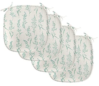 ABAKUHAUS Blumen Polster für Esszimmerstühle, Floral Frische Pflanzen, Dekoratives wasserfestes Kissen mit Riemen für Küchensitze, 40 cm x 40 cm-4er Pack, grüne Sahne