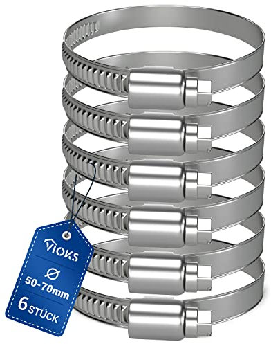 VIOKS Schlauchschellen Schelle SET 6x Schlauchschellen 50-70mm Ø/Schlauchschellen Edelstahl / 9 mm Bandbreite/Waschmaschine Abfluss Adapter/Schlauchschelle/Rohrschellen 50mm für Schlauch