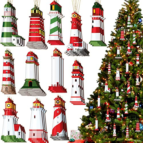 Kathfly 36 Stück Weihnachts-Leuchtturm, Holzornamente für Weihnachtsbäume, Miniatur-Leuchtturm, Weihnachtsdekoration, Bauernhaus, dekorative Ornamente, Großpackung für Urlaub, Weihnachten, Party,