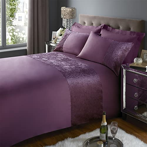 Soft Micro Polyester Bed Set with Crushed Velvet Band Durable Duvet Cover Set Shape-Retaining [Single, Plum]