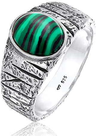 Kuzzoi Siegelring Herrenring oval mit Malachit Edelstein, Ring für Männer massiv (10 mm) in 925 Sterling Silber, Silberring strukturiert schwarz oxidiert, Ringgröße 60