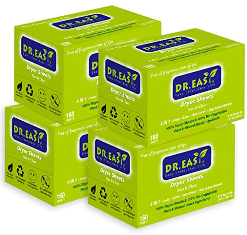Dr. Easy Trocknertücher, kostenlose und transparente Formel auf pflanzlicher Basis für empfindliche Haut, 640 Karat, 100 % Viskose, Weichspüler für Wäsche, geruchlos, keine Farbstoffe