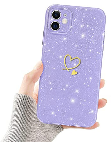 Newseego Glitter Case Compatible with iPhone 11 Case for Girls Women, Sparkly Bling Cute Golden Love Heart Pattern Phone Cases Soft Silicone Shockproof Protective Bumper Cover for iPhone 11-Purple