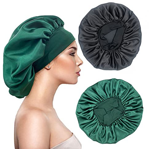 2 Stücke Satin Schlafmütze Bonnet Haarhaube Lockenhaube Zum Schlafen,Haarhaube für Die Nacht Vergrößerte Hoch Elastische Breite Krempe Weiche Weibliche Satin Haube Schlafen (Schwarz, Dunkelgrün)