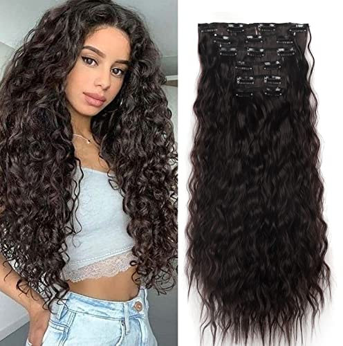 Gairyan Clip in Extensions wie Echthaar günstig Haarteile Dunkelbraun 6 Teile Set 50cm Haarverlängerung Haarteile Clip in Extension Synthetische Gewellt Clip in Haare Extension Wellig Lang Lockig