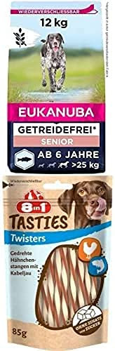 Eukanuba Senior Hundefutter getreidefrei mit Fisch für große Rassen, 12 kg + 8in1 Tasties Twisters Snack-Stangen - glutenfreie Leckerlis mit Kabeljau & Hähnchenbrust, 85 g
