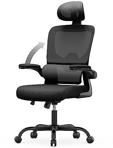 rattantree Office Desk Ergonomic Chair, Computer Chairs with Adjustable Headrest and Lumbar Support, Swivel Mesh Chairs with Flip-up Armrests, High Back Work/Study PC Chair-Black