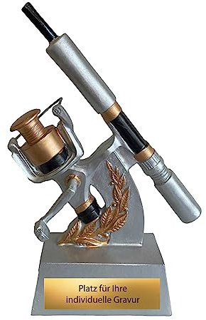 eberin · Angel Pokal · Angeln Pokal · Fischer Trophäe · Angelsport Zubehör Resinfigur Rollenhalter und Rolle · Pokal mit Wunschtext · Angelverein Trophäe