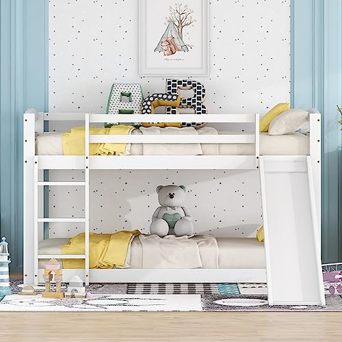 Dolamaní Lit Superposé pour Enfants 90 x 200 cm, avec échelle et Toboggan, Cadre en Bois Massif, Blanc