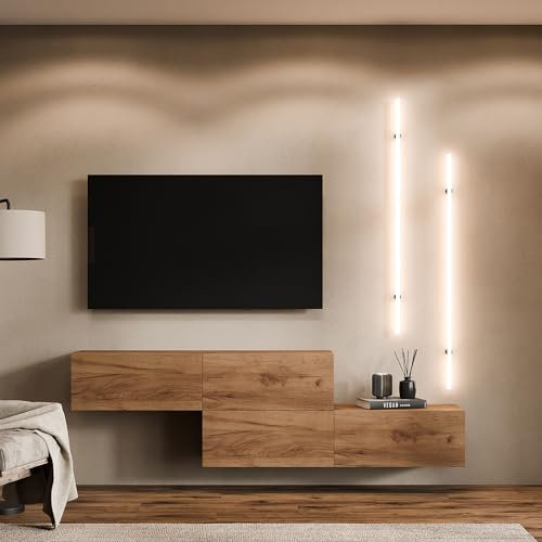 Planetmöbel TV Wohnwand Wohnzimmer 2X 140 cm Gold Eiche, Modern, TV Schrank mit 2 Klappen als Stauraum, hängend oder stehend