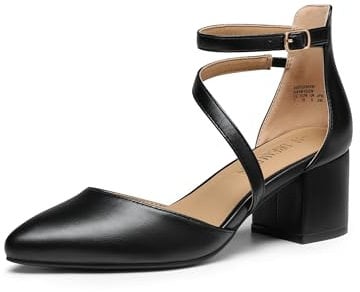 DREAM PAIRS Damen-Pumps mit geschlossenem, spitzem Zehenbereich und niedrigem Blockabsatz, Knöchelriemen, Hochzeitsschuhe, Elegante Schuhe,Size 38.5,Schwarz-Pu,SDPU2354W