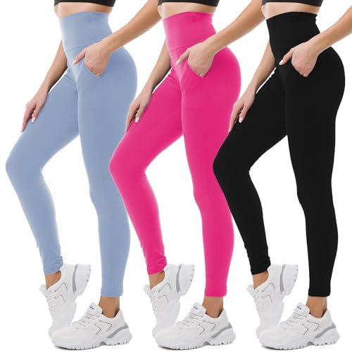 SINOPHANT Leggings Femme avec Poche Taille Haute Pantalon de Sport Femmes Yoga Gym, L-XL,3 Noir/Bleu Clair/Rose Chaud