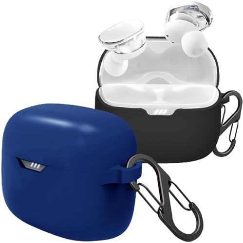 [2-Pack] easyBee Hülle Kompatibel mit JBL Tune Buds [mit 2 Karabiner], Flüssiges Silikon Case Ultradünn Stoßfest Schutzhülle Bluetooth Kopfhörer Tasche - Schwarz und Blau