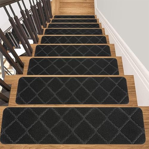 SHACOS 15er Set Stufenmatten Innen 76x20cm Treppenteppich Schwarz Rechteckig Stufenmatten Selbstklebend Grau Stufenteppich Anti-Rutsch Treppenteppich für Kinder, Ältere und Hunde