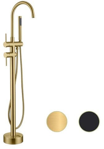 Freistehende Wannenarmatur, Bodenmontage, Wannenfüller, freistehend, Senhozi gebürstetes Gold, freistehende Wannenarmaturen, Mischbatterie, Zweigriffe, goldfarben, freistehende Badewannenarmatur mit