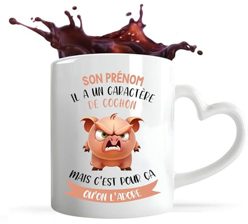 Mug prénom personnalisable | Tasse personnalisée humour fun idée cadeau collègue surnom métier (Mug Anse Cœur, Féminin, Caractère de Cochon)
