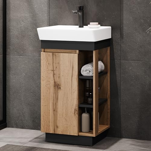 Planetmöbel Nyx Badmöbel Set 2-teilig Waschtisch mit Unterschrank 45 x 85,9 x 42 cm Wotan Eiche/Anthrazit, Waschtisch inkl. Bad-Armatur schwarz