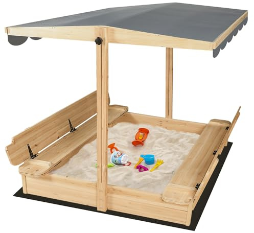 RUNSHED Kids Wooden Sandbox, Lockable Lid, Canopy & Foldable Benches