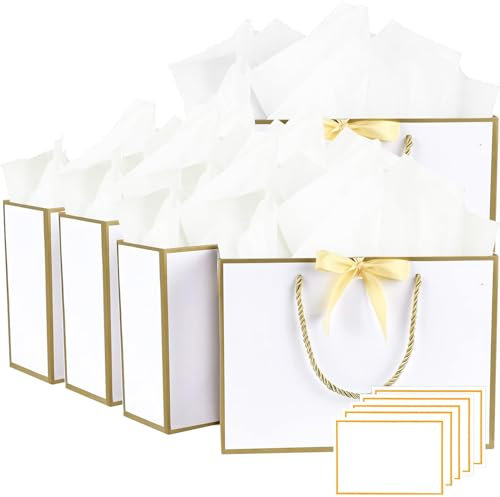 Geschenktüte mit Schleife, 5 Stück Papier Geschenktüten mit 5 Taschentuch und 5 Karten, Geschenktüten mit Griffen für Geburtstag, Hochzeit, Festivalfeier, Weihnachten