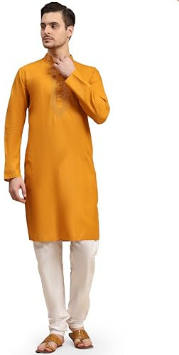 SKAVIJ Men’s Cotton Kurta Pajama Set | Traditional Ethnic Wear for Men | Comfortable Long Sleeve Kurta with Pajama | Perfect Outfit for Diwali, Wedding & Festival Celebrations Gold