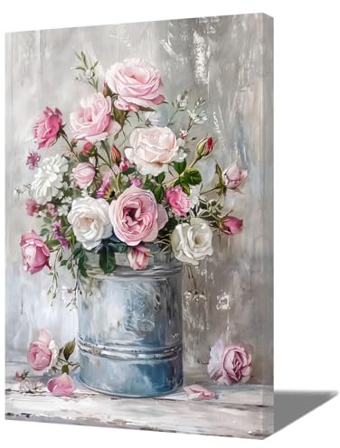 ZQQART Bild mit rosa Rosen Leinwandbild Wanddruck für Küche rustikales Blumengemälde Bauernhaus Blumenstrauß in der Flasche Poster für Wohnzimmer Schlafzimmer Badezimmer Dekoration (30x45cm)