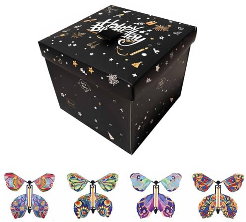 enxingo Schmetterlings Explosion Geschenkbox 15 * 14.8 * 12.5cm, Fliegende Schmetterlinge mit Box, Überraschung Geld Geschenkverpackung für Valentinstag, Weihnacht, Muttertag, Geburtstag(Schwarz)