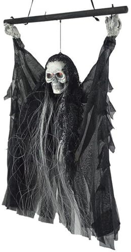 Halloweendeko LED Silberhaariger Geist Hängedeko mit Sound Skelettgeist Horror Sensenmann Beleuchtet Geist Hängedekoration Gruselig Skelettdekoration Halloween Deko für Innen Außen Garten Schwarz