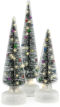 Red Co. Set of 3 (14”, 12”, 10”) Clear Glass Light-Up Decorative Tabletop Christmas Tree Holiday Figurine with LED Lights, Tinsel & Ornaments