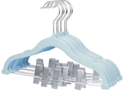 MangoKit Kit de 7 Perchas para niños, Perchas Antideslizantes de Terciopelo de 30 cm para niños, Gancho Giratorio, Perchas Que ahorran Espacio para Faldas, Pantalones, Vestidos y Chaquetas (Azul)