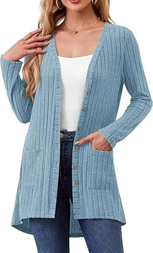 YGJIEGENG Women's Cardigans, Lightweight, Long Sleeve | Open Front, Button Down, with Pocket, Casual, V Neck, Ribbed, Fall Winter Ladies Cardigans for Women UK