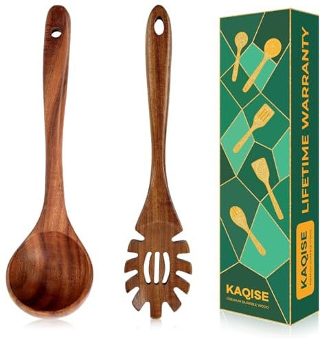 Wooden Pasta Fork and Ladle Spoon Set, 2Pcs Wooden Kitchen Utensils, Wooden Cooking Spoon for Soup, Spaghetti and Pasta, Long Handle No Stick Teak Wood Spoons Set (Ladle & Spaghetti Server)