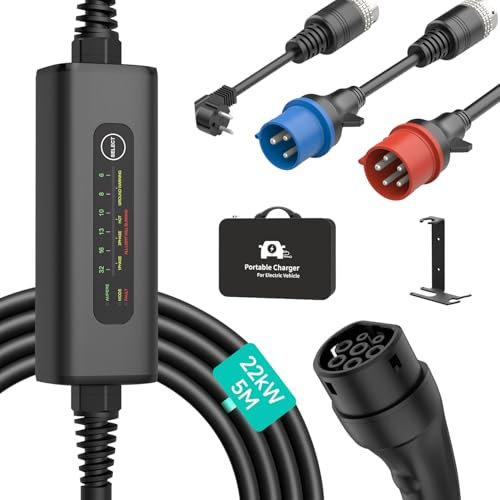 iRnergy Mobile Wallbox 22kW 32A Installationsfrei für EV, Typ 2 Ladekabel E Auto 5m Mobile Ladestation 6-32A IP67, Inkl. Adapter CEE32 3-Phasig+ CEE16 + EU Schuko/Typ F