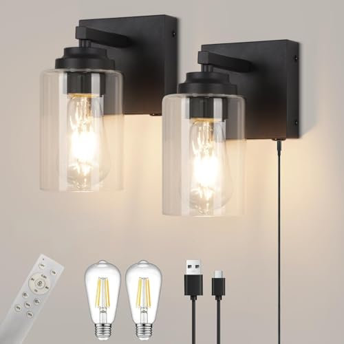CANEOE Lampada da parete a batteria con telecomando, 15000 mAh, lampada da parete in vetro, per interni con lampadina E27, lampada da parete ricaricabile, dimmerabile, per soggiorno, colore nero