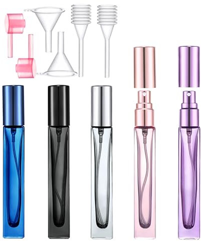 Yikimyfo Glass Refillable Perfume Bottle, 5 Pcs 10ml/0.34oz Travel Perfume Atomizer Fine Mist Spray Bottles Small Cologne Sprayer Leak-proof Perfume Bottles Empty Perfume Container with Tool
