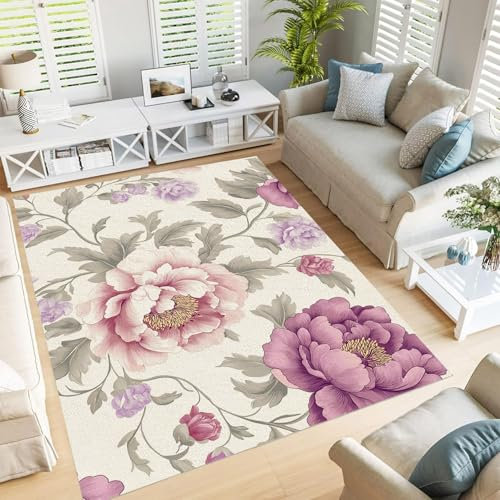 JEDTAKCT Wohnzimmer Teppiche, 150X210Cm, Aquarell Pfingstrose Läufer, Teppich Chinesischen Stil Blumen Für Schlafzimmer, Waschbar, rutschfest, Weiche Teppiche, Matte Für Kinder, Flur, Wohnzimmer
