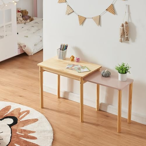[en.casa] Kindertisch Skellefteå Kinderschreibtisch ausziehbar 60 x 38 x 52 cm Spieltisch Maltisch Lerntisch abgerundete Ecken Basteltisch Aktivitätstisch Natur/Rosa