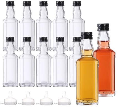 YBCPACK Lot de 12 bouteilles en verre de 100 ml à remplir – Bouteilles de liqueur vides, petites bouteilles d'alcool avec bouchon à visser, entonnoir, parfaites pour les liqueurs d'œuf, les schnaps et