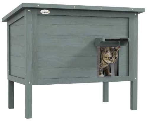 PawHut Maison pour Chats Niche d'extérieur en Bois surélevée avec Toit ouvrable, isolée avec Toit Asphalte, 85 x 50 x 68,5 cm, Gris foncé et Noir