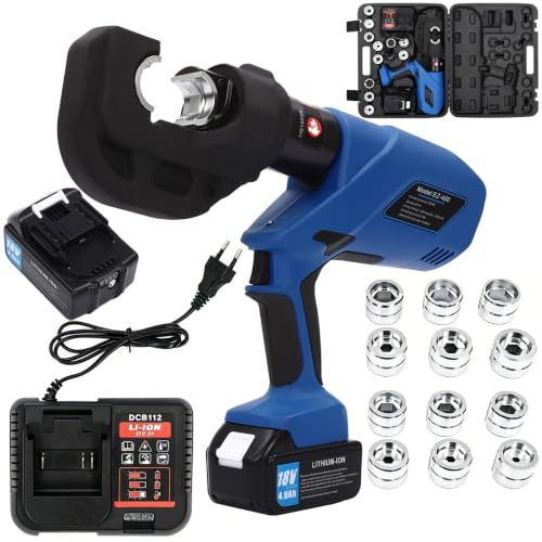 Akku hydraulische Crimpzange 16-400mm² 120KN 360° Drehbar inkl.18V Akku Presszange mit 12 V-Kontur Wiederaufladbare Elektrische Rohrpresszange für Edelstahlrohr Verbundrohr Crimpzange Kabelschuhe